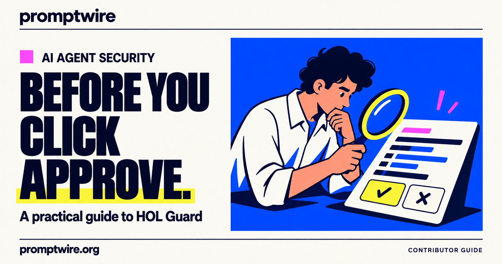 Illustration of a developer inspecting an AI agent action card before approving it.